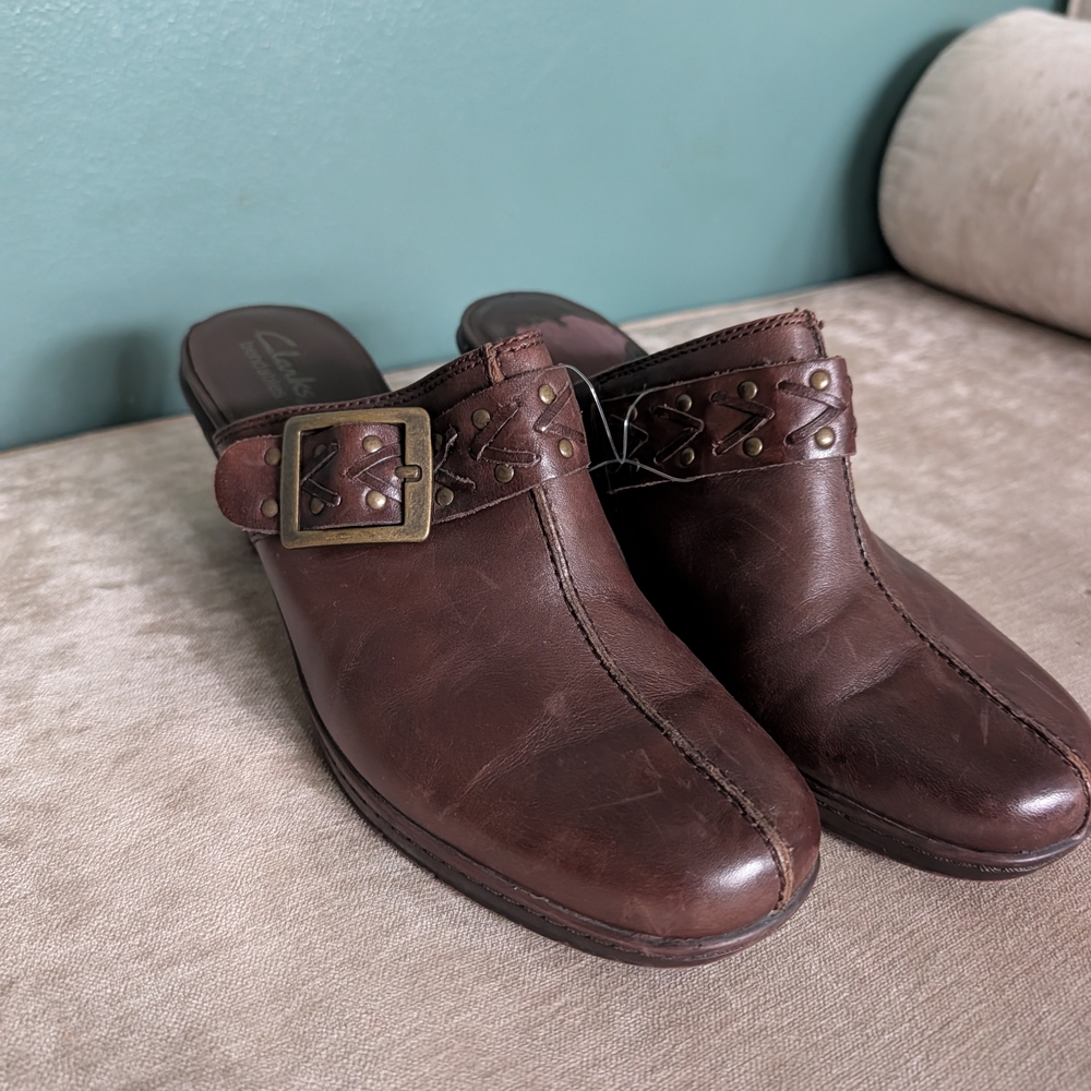 Clarks Dark Brown Leather Buckle Slip-On  Clogs Sz 10